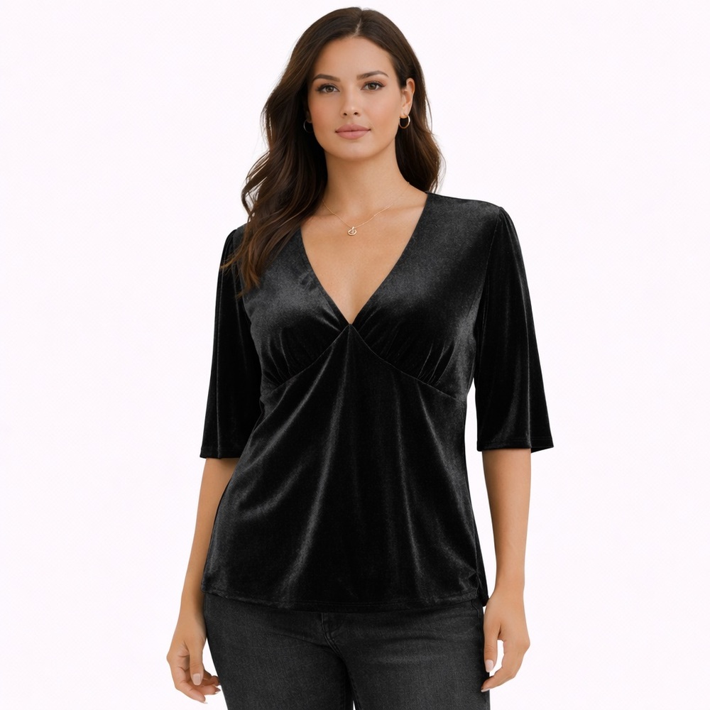 KNOX ROSE Black Velvet V-Neck Top Size M